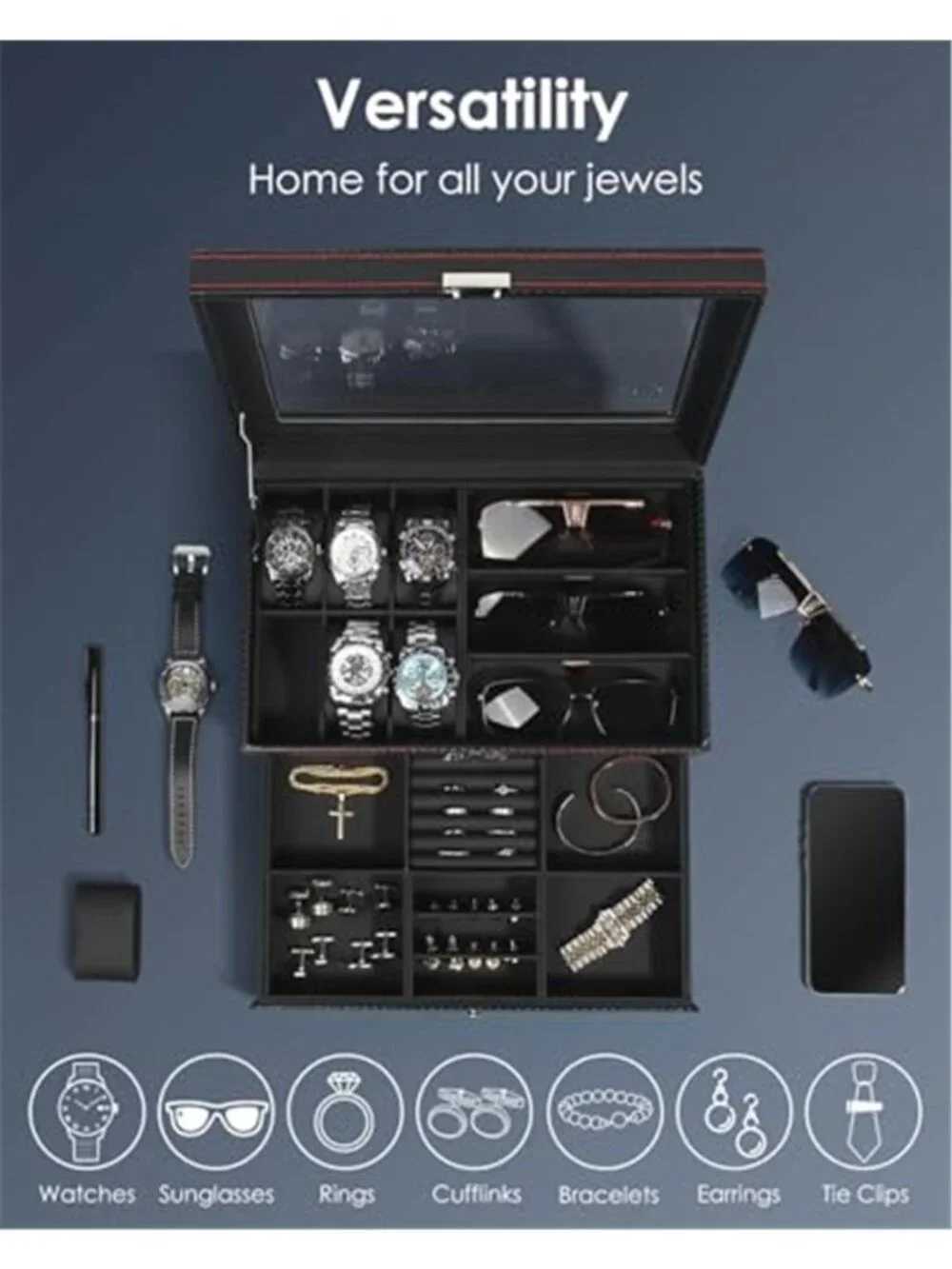 Watch Jewelry Box Organizer, 6-Slot 2-Layer Watch Case and Sunglasses
